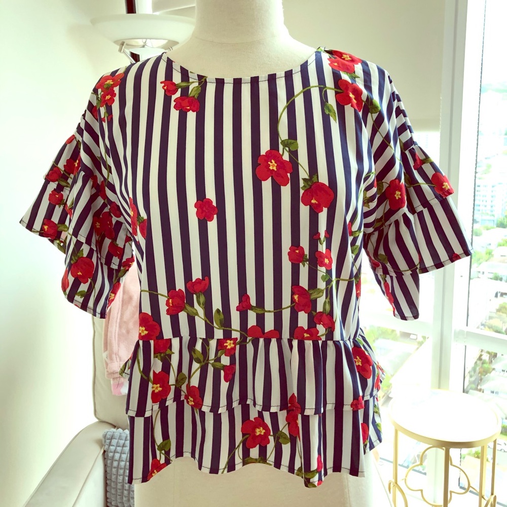 Sweet Rain Striped Print Ruffle Blouse